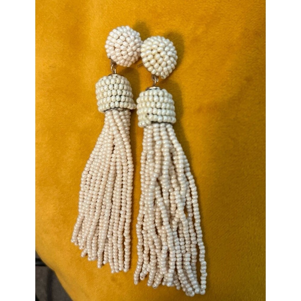 Cream Colored Seed Bead Tassel Earrings Dangle Chandelier